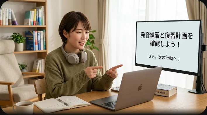 手書きの練習線で埋まったノート、単語カード、紅茶のカップ、紙箱の試作が置かれた夜の学習デスク