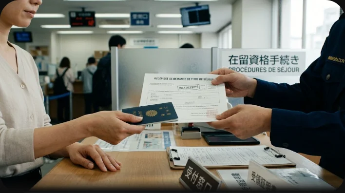 遺失物窓口のカウンターに置かれた届出用紙とゴム印を押そうとする係員の手
