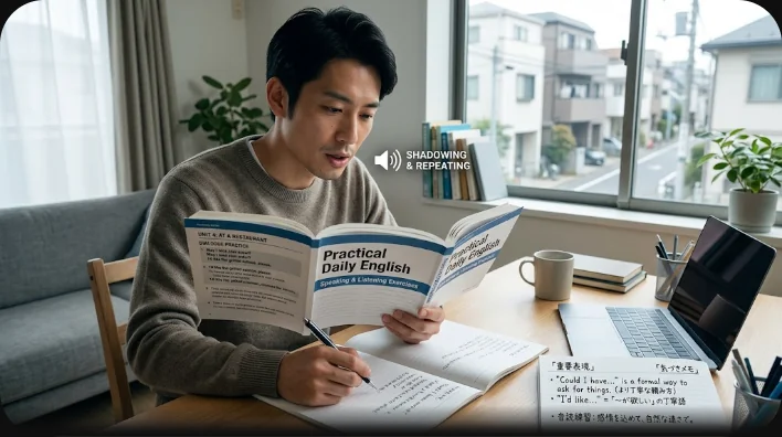 窓辺でヘッドホンをつけ、旅の手帳を見ながら音読している学習者