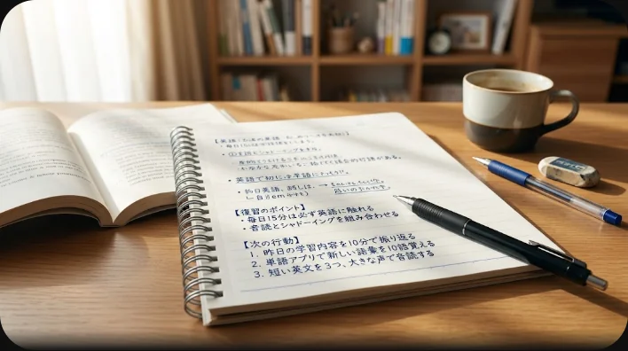 窓辺のテーブルに置かれた手書きのノート、フレーズ集、万年筆、エスプレッソカップと折りたたんだ地図