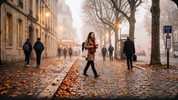 晩秋のフランスの並木道。歩道を黄金色の落ち葉が覆い、背景に朝霧とマフラーを巻いた通行人のシルエットが見える