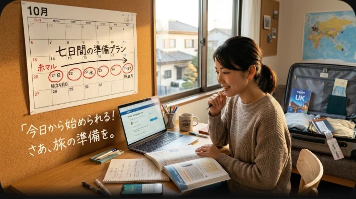 荷造りを終えたスーツケースの横でフレーズ帳を確認する学習者