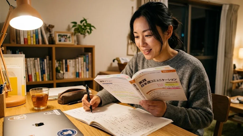 窓辺でヘッドホンをつけ、旅の手帳を見ながら音読している学習者
