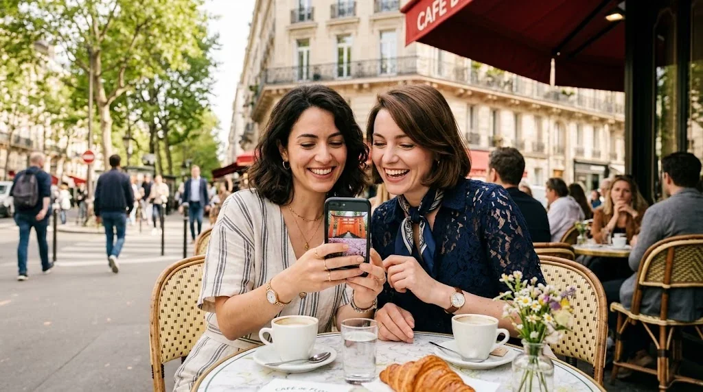 パリのオープンカフェでコーヒーを飲みながら、スマートフォンで日本の旅行写真を見て楽しそうに話す2人の優雅なフランス人女性