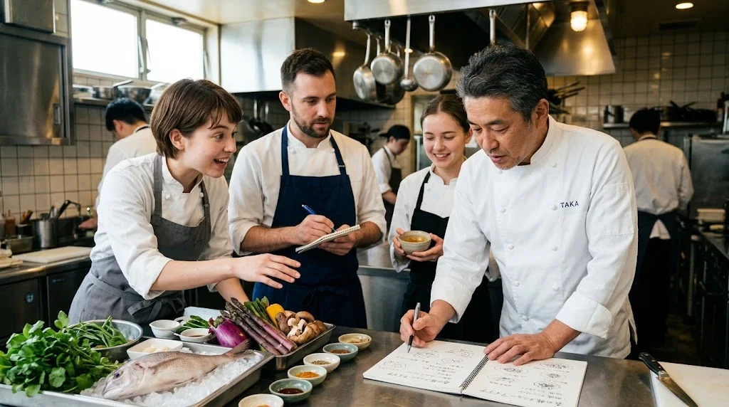 Two chefs, one East Asian and one French, having a professional and engaging discussion over a recipe book and fresh ingredients in a bright, modern commercial kitchen.