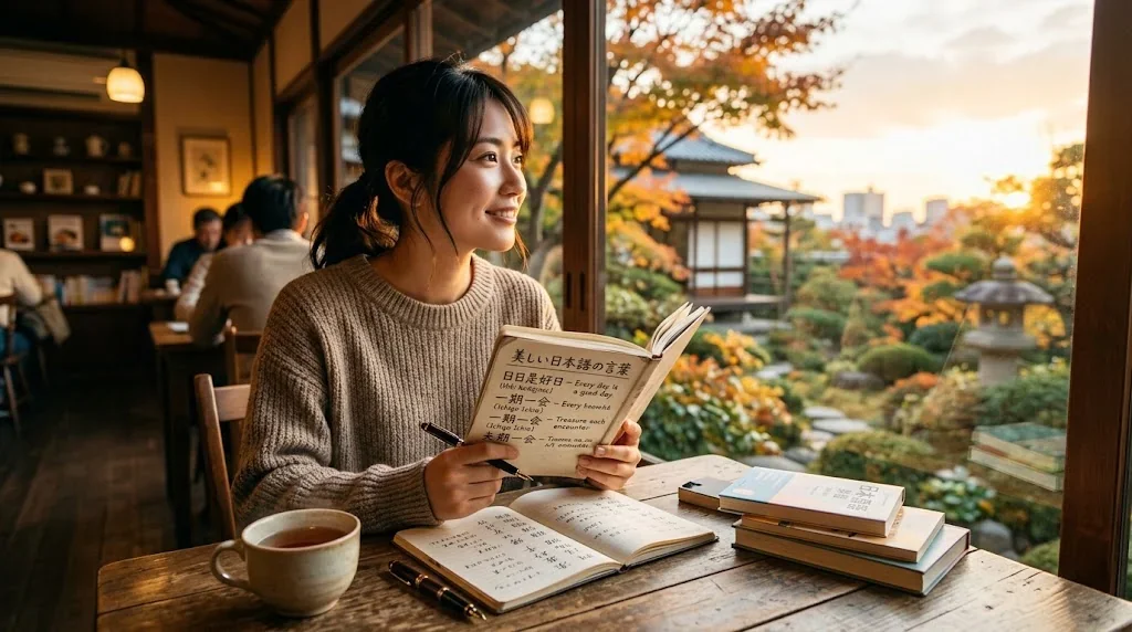 パリのカフェで熱心に詩について語り合う学習者とネイティブスピーカー