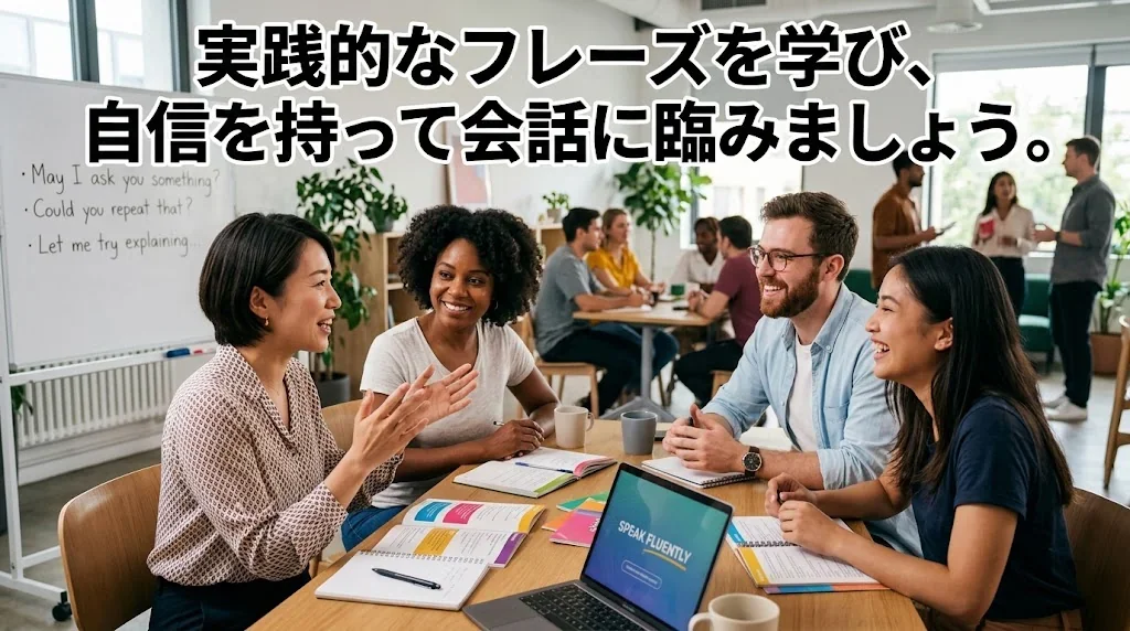 ノートとパソコンを使ってフランス語の学習に励む笑顔の学習者