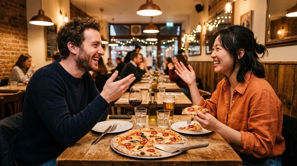 カジュアルなレストランでピザをシェアしながら楽しく会話する二人の友人
