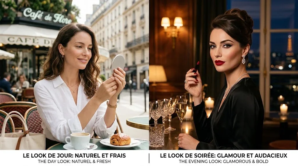 フランス人女性の薄化粧スタイルと自然なメイク方法の解説イメージ