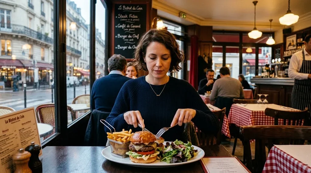 ナイフとフォークを使ってハンバーガーを食べる様子