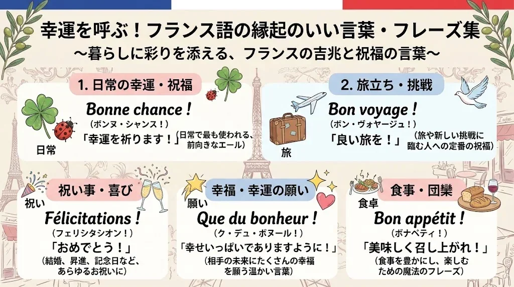 「フランス語の幸運を願うフレーズと挨拶」と題されたインフォグラフィックで、日常の幸運（Bonne chance!）、旅行（Bon voyage!）、お祝い（Félicitations!）、そして祝福（Que du bonheur!／Bon appétit!）の4つのカテゴリーを紹介しています。.