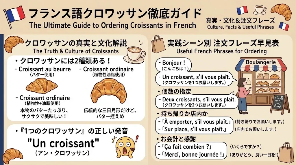 「フランス語でクロワッサンを注文するための究極のガイド」と題されたインフォグラフィック。クロワッサンの種類、発音、パン屋での注文によく使われるフレーズなどのセクションが掲載されています。.