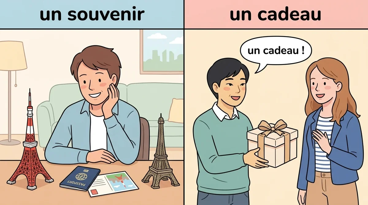 「souvenir（自分用の記念品）」と「cadeau（相手への贈り物）」の違いを示す左右対比イラスト