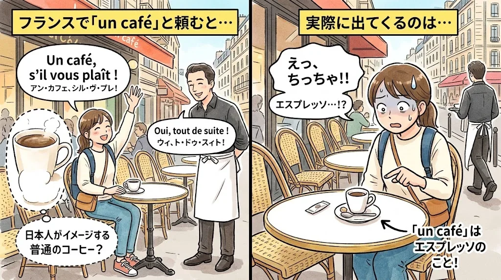 注文時のエスプレッソに驚く人とカフェでの注文シーンの対比イラスト