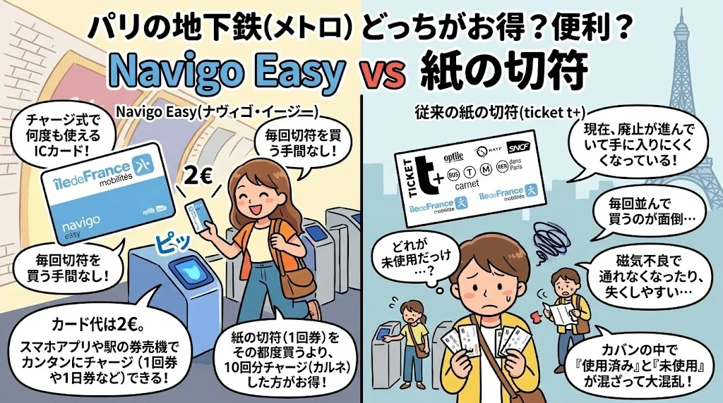 Navigo Easyと他の切符の特徴を比較したイラスト