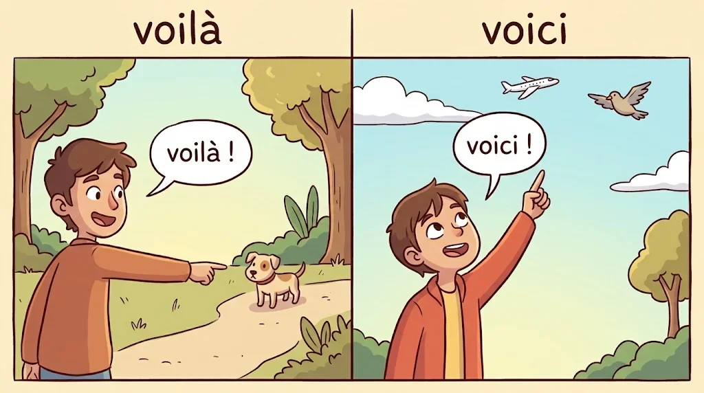「voilà」と「voici」の使い分けを示す対比イラスト