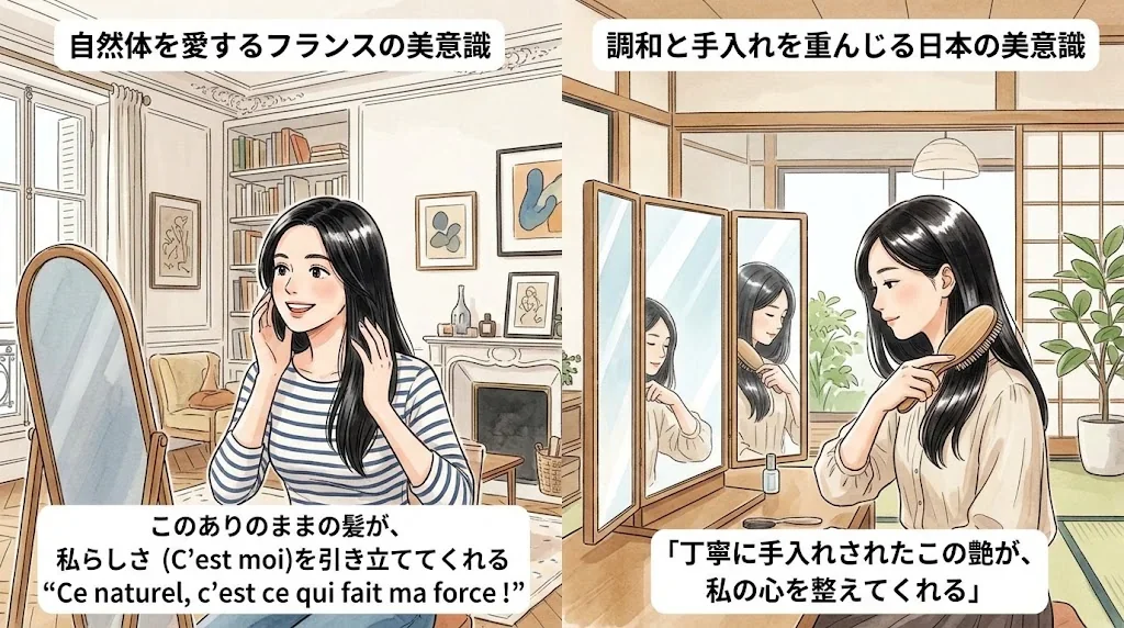 フランス人と日本人の美意識の違いを表現したイラスト