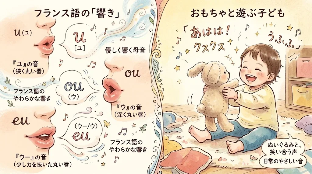 フランス語の母音の響きを示すイラストと子供の遊ぶ様子