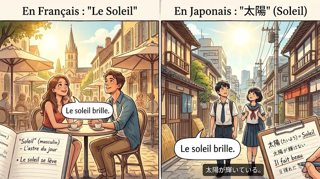 フランス語と日本語で「太陽」の意味を対比したイラスト