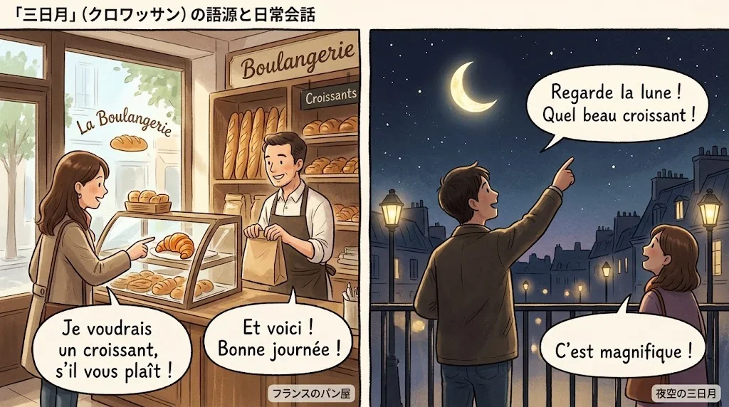 パン屋でクロワッサンを指差す人と空を見上げる人の対比イラスト