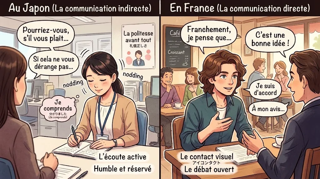 日本とフランスの会話スタイルの違いを示した対比イラスト