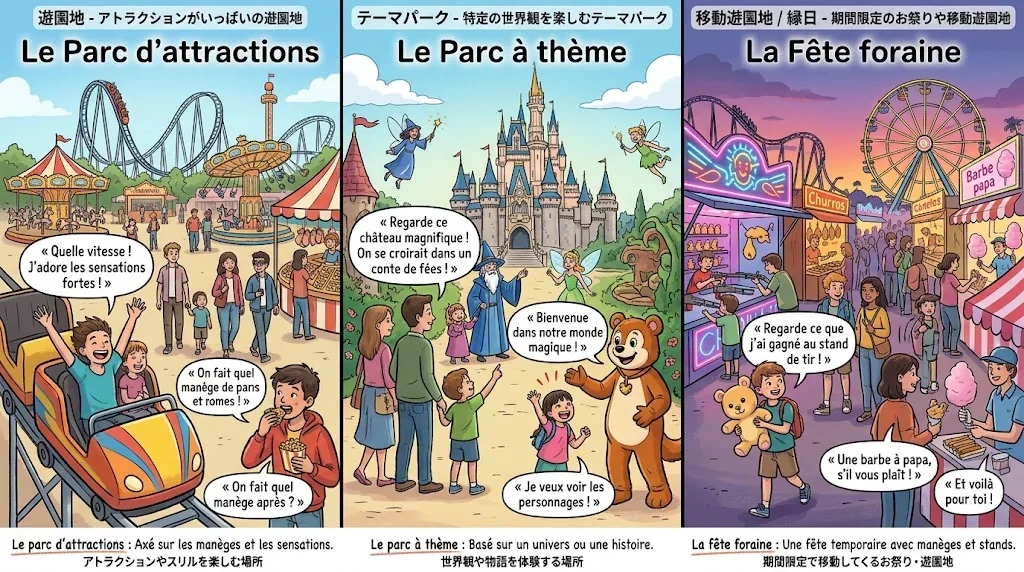 遊園地の種類を示すフランス語の比較イラスト