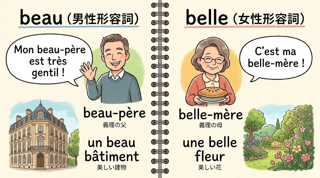 「beau」と「belle」の意味を対比したイラスト