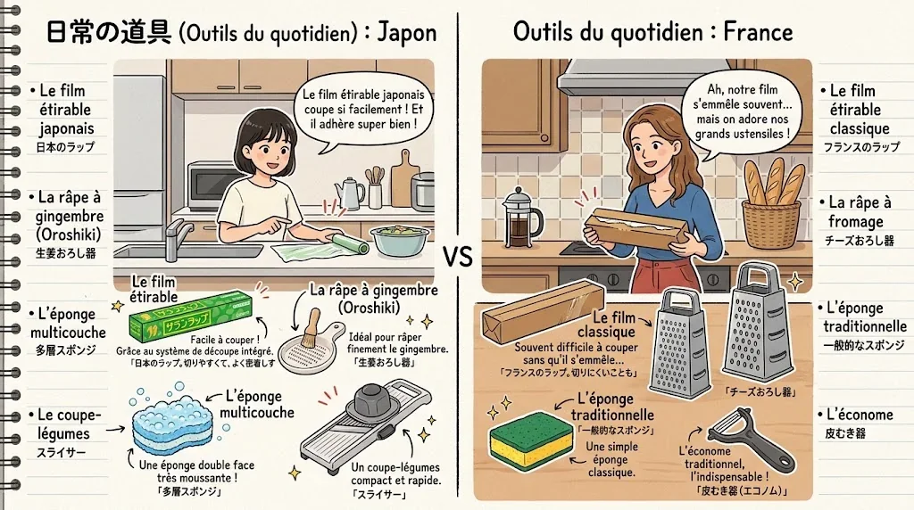 日本の日用品とフランス製品の比較イラスト