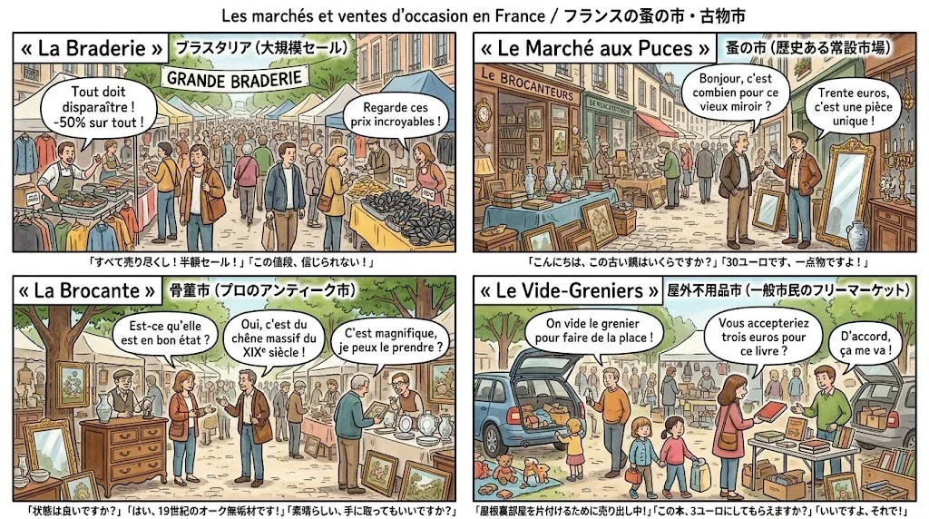 フランスの蚤の市を表す4つの言葉を比較した図