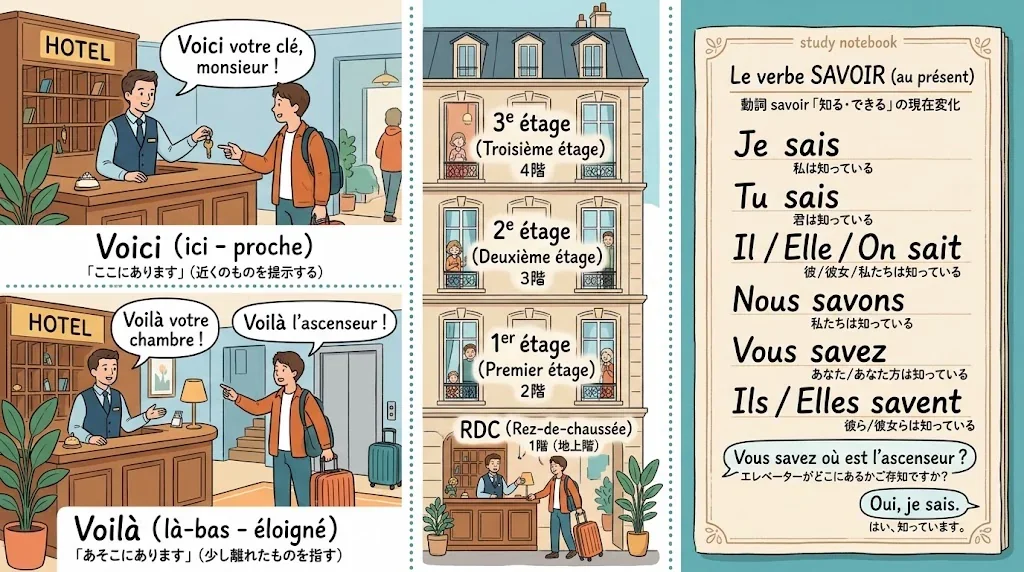 フランス語の表現「Voici」と「Voilà」の使い分けを示す図解。