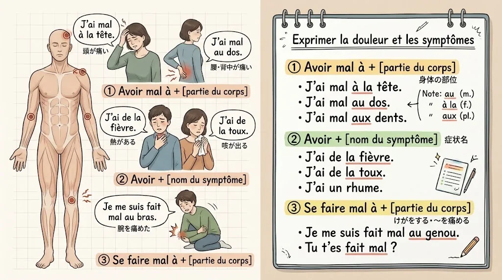 フランス語の痛みや症状の表現を比較するイラスト