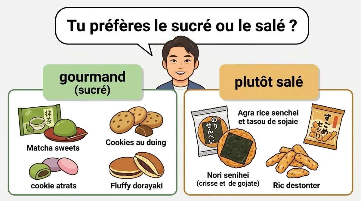 甘党（gourmand）か塩味派（plutôt salé）か、友人にお土産の好みを尋ねる図解インフォグラフィック