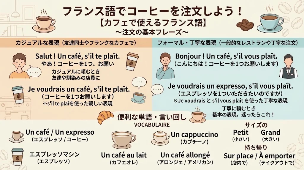 フランス語のコーヒー注文フレーズを色分けしたインフォグラフィック