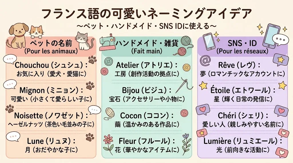ペットやSNS用の可愛いフランス語名を示したインフォグラフィック