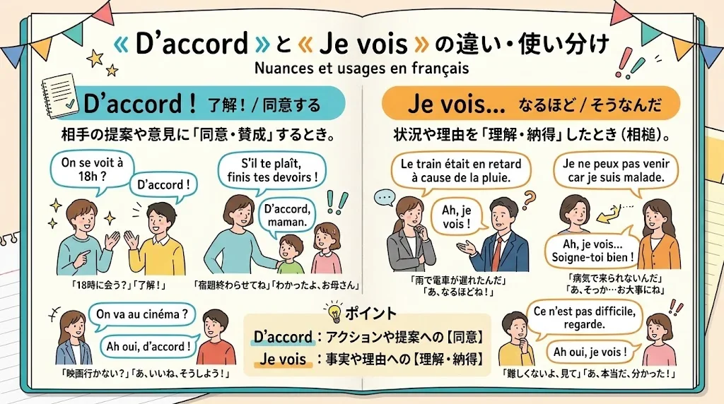フランス語の相槌表現の使い分けを説明したインフォグラフィック