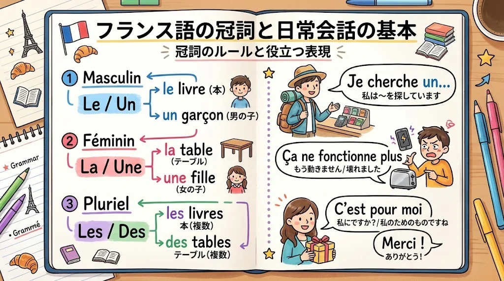 フランス語の冠詞と名詞の構造を図解したインフォグラフィック