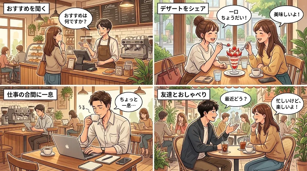 カフェでの会話やシェアする様子を描いた4パネルコラージュ
