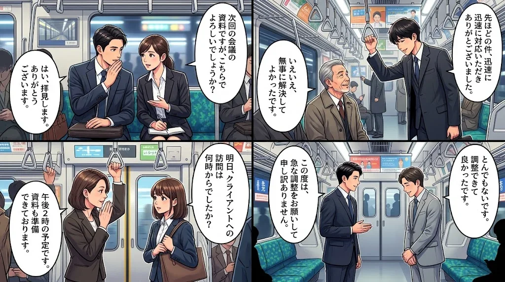 ビジネスシーンでの丁寧な会話例を示すコラージュ