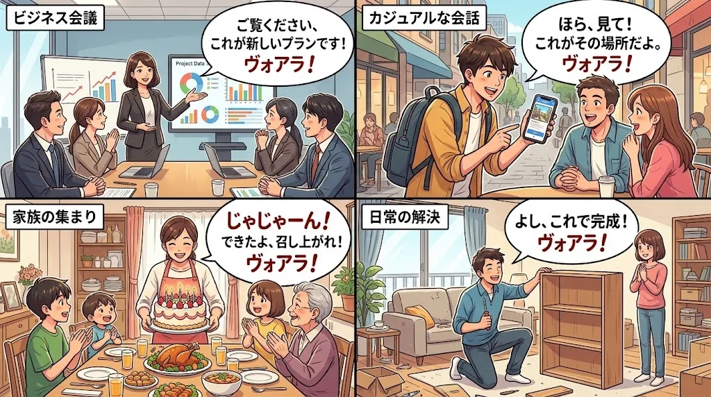 様々な場面での「voilà」の使用例を示したコラージュ画像
