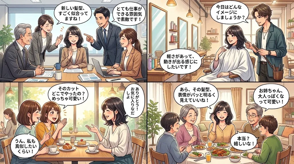 ビジネスやカフェでの髪に関するシーンを描いたコラージュ