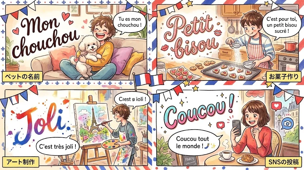 様々なシーンで使われる可愛いフランス語を示すコラージュ画像