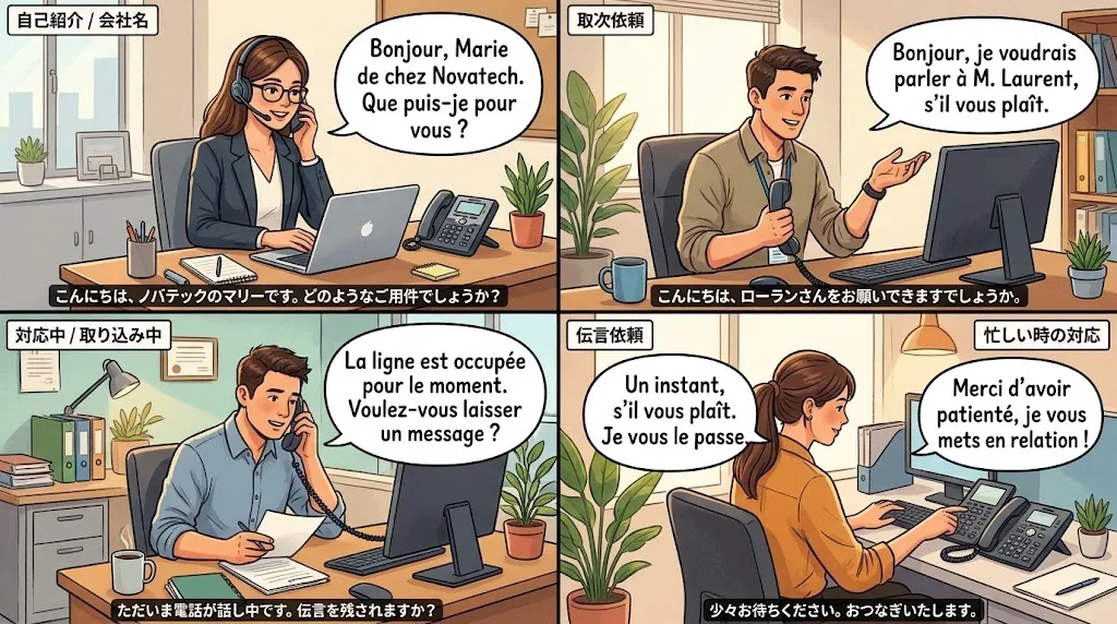 ビジネス電話のシーンを描いたコラージュ画像