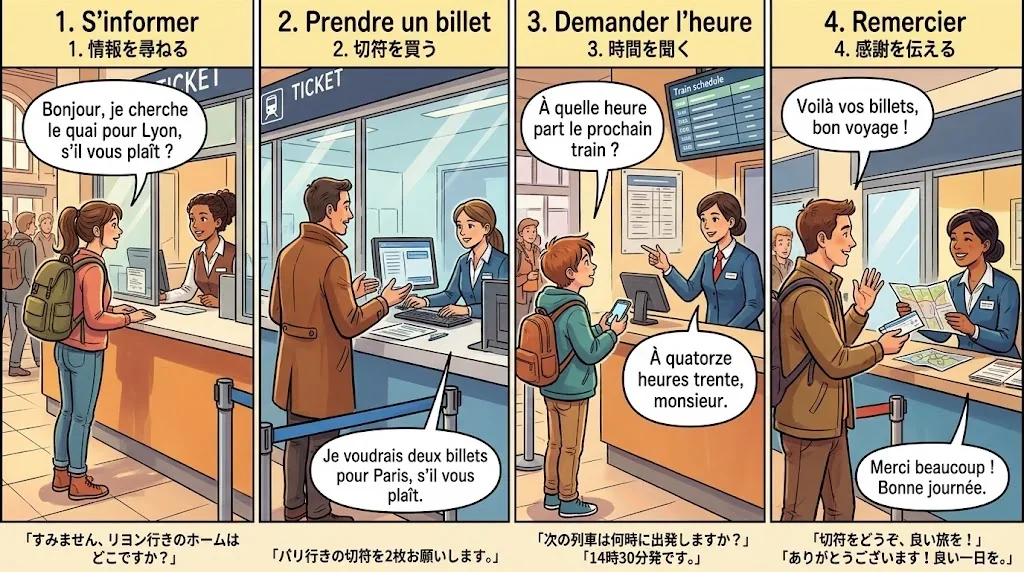 チケット窓口での丁寧な会話シーンのコラージュ