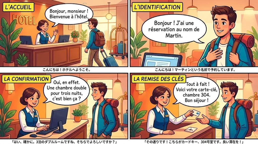 フロントデスクでの丁寧なチェックイン手順を示す4パネルのコラージュ。