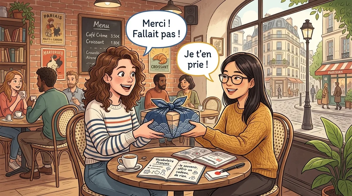 パリのカフェで「Merci ! Fallait pas !」と日本のお土産に感謝を伝える実践会話シーン