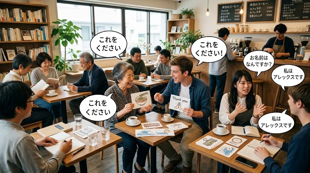 カフェでフレーズを学ぶ楽しい学習シーン