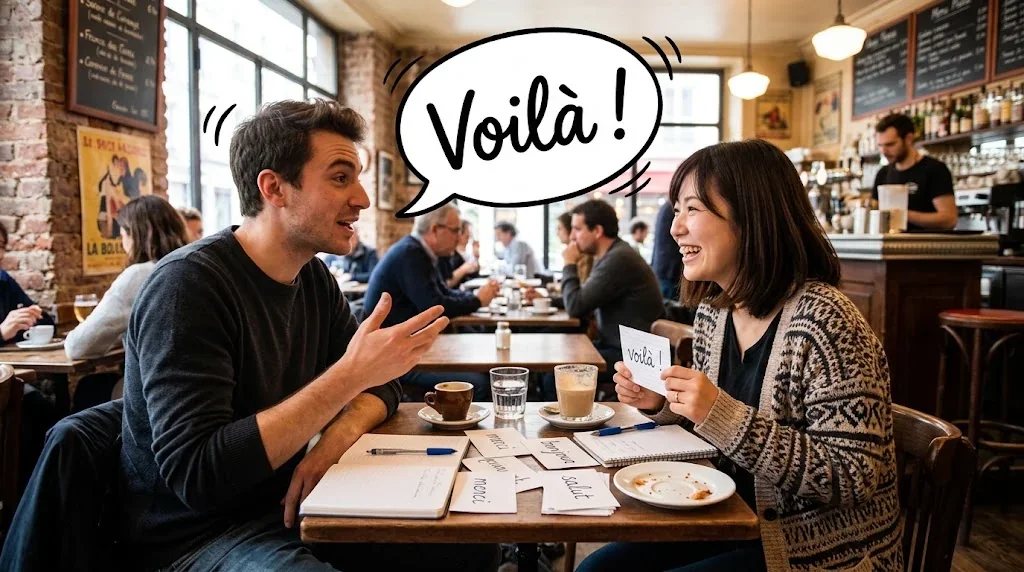 カフェでフランス語を練習する友人と学習者の楽しい様子