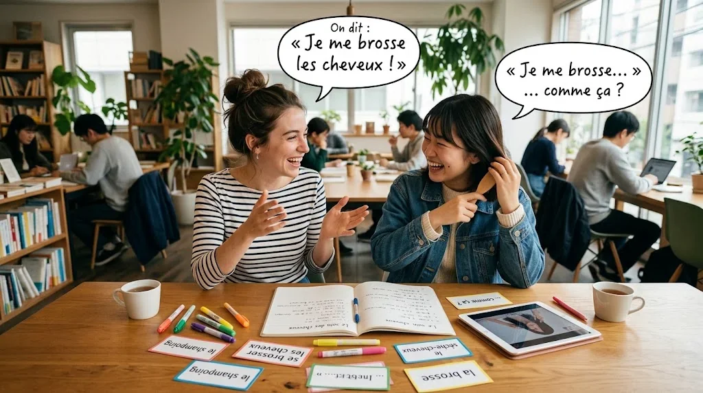 学習スペースでフランス語を楽しく練習する様子