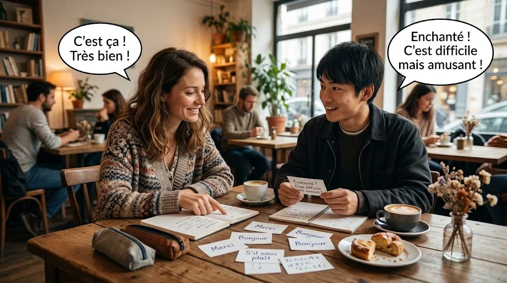 カフェでフランス語を学ぶ友人同士の楽しい会話シーン