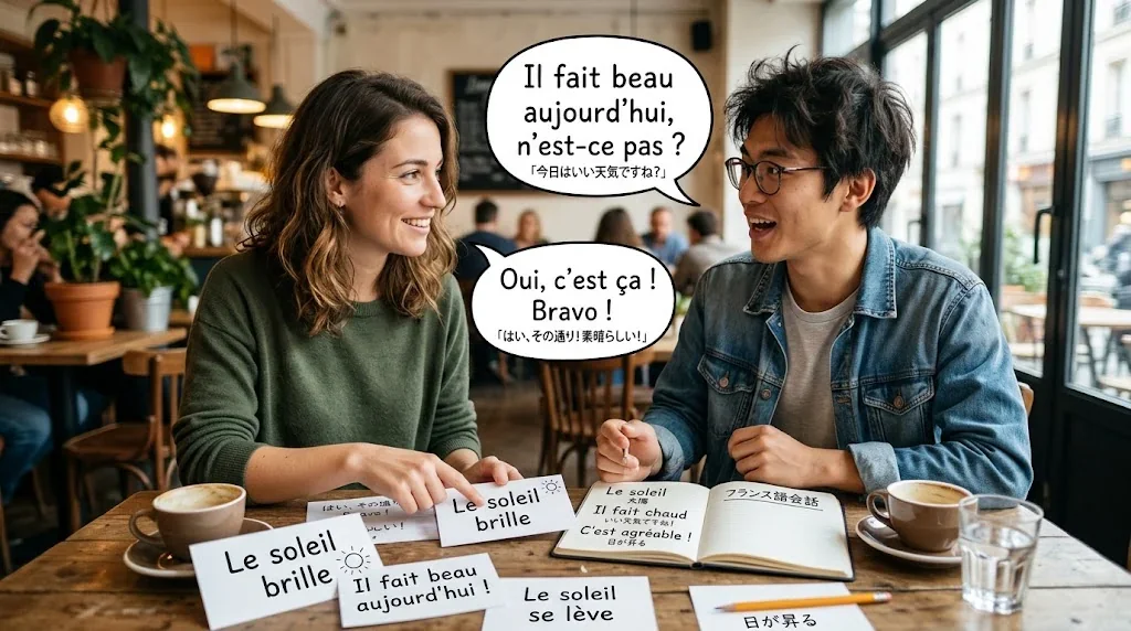 カフェで友人とフランス語を楽しむ学習者の様子